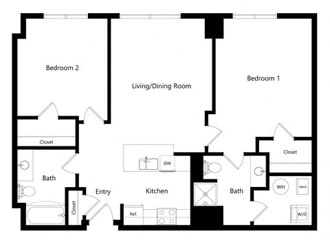 Floor plan for 2 beds, 2 baths, 1021 sqft